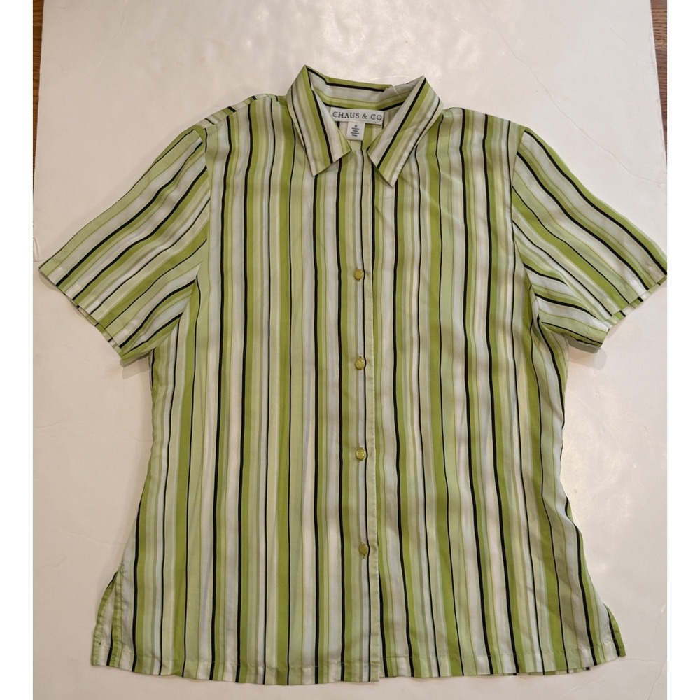 Chaus & Co Women 100% Silk Striped Short Sleeve Button Down Shirt Green Black 12